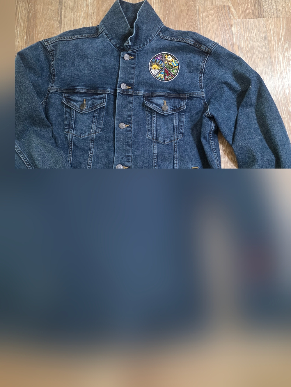 Dark Blue Denim Jacket with Embroidered Peace Patch and Rose 25" P2P/ 26" Lenght